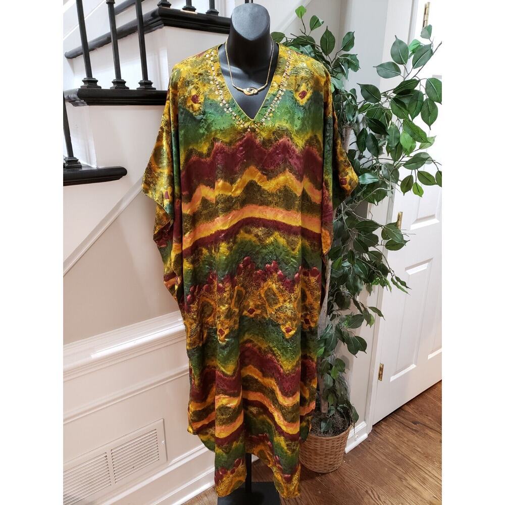 Sante Womens Multicolor 100% Polyester V-Neck Long Sleeve Kaftan Maxi Dress 2X